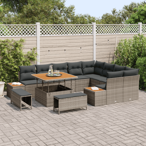 Trädgårdsoffset med kudde med lagring 12 pcs Grå Poly rattan