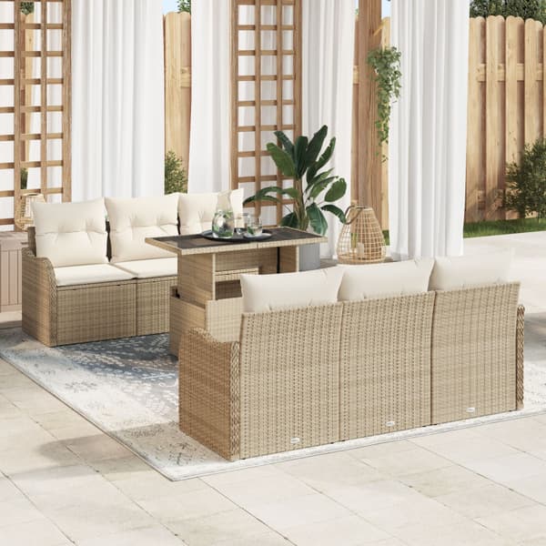 Trädgårdsoffset 7 st 6-Antal sittplatser Beige Poly Rattan