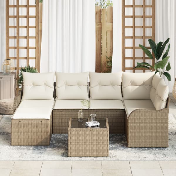 Trädgårdsoffset med kudde 7 pcs Beige och vit Poly rattan