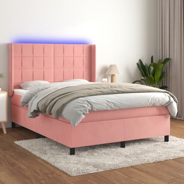Ramsäng med madrass rosa & LED 140x200 cm sammet