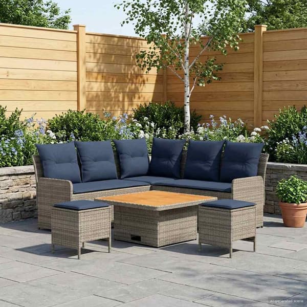 Möbelset med kudde 6 pcs Grå och Marinblå PE Rattan