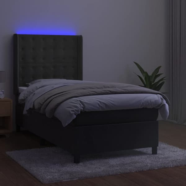 Ramsäng med madrass & LED mörkgrå 90x190 cm sammet