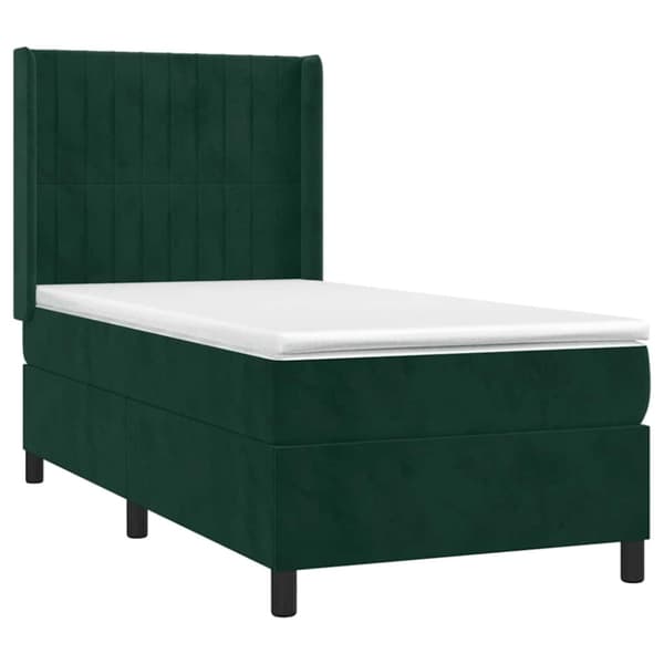 Ramsäng med madrass & LED mörkgrön 90x190 cm sammet