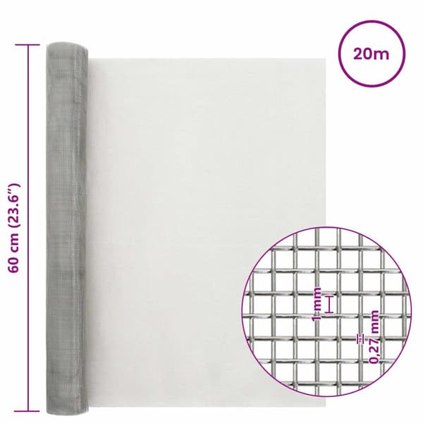 Nätduk 60 x 2000 cm 20 Mesh Rostfritt stål 201 Silver