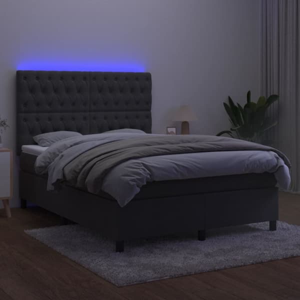 Ramsäng med madrass & LED mörkgrå 140x190 cm sammet
