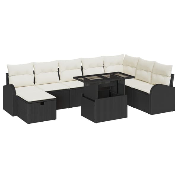 Trädgårdsoffset med kudde med lagring 9 pcs Svart Poly rattan