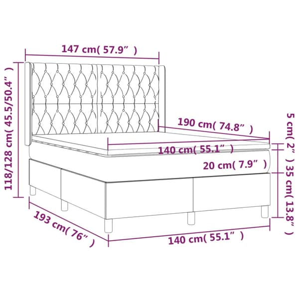 Ramsäng med madrass & LED mörkgrå 140x190 cm sammet