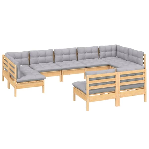 Loungegrupp med grå dynor 9 delar massiv furu