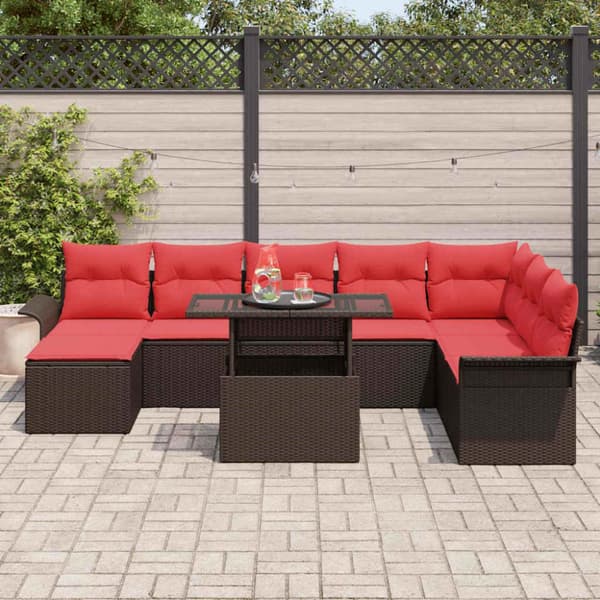 Trädgårdsoffset med kudde 9 pcs Brun Poly Rattan