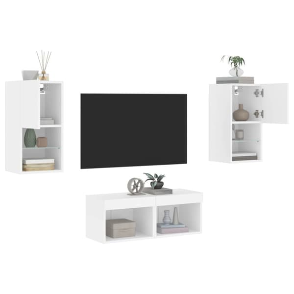 Väggmonterade tv-skåp 4 delar med LEDs vit