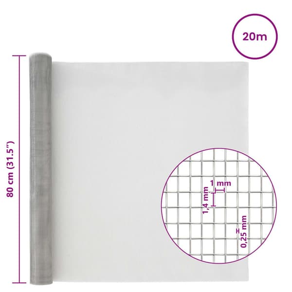 Nätduk 80 x 2000 cm 18 Mesh Rostfritt stål 201 Silver