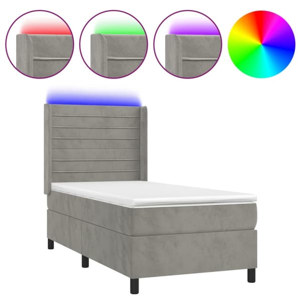 Ramsäng med madrass & LED ljusgrå 90x190 cm sammet