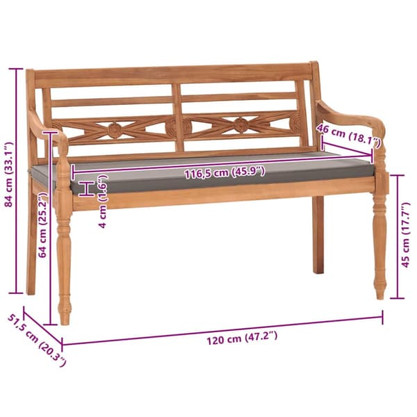 Bataviabänk med mörkgrå dyna 120 cm massiv teak