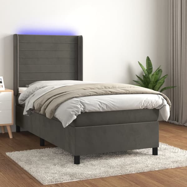 Ramsäng med madrass & LED mörkgrå 90x200 cm sammet