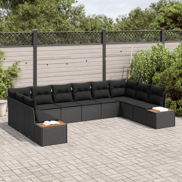 Trädgårdsoffset med kudde 10 pcs Svart Poly rattan