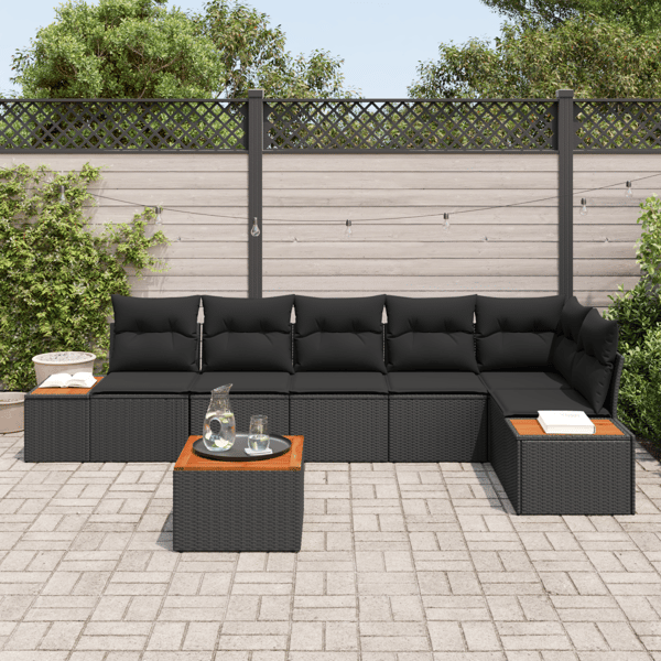 Trädgårdsoffset med kudde 7 pcs Svart Poly rattan