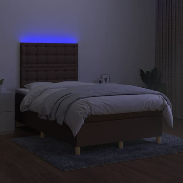 Ramsäng med madrass & LED mörkbrun 120x190 cm tyg