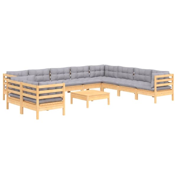 Loungegrupp med dynor 11 delar grå furu
