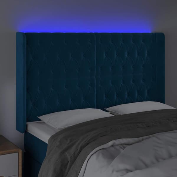 Sänggavel LED blå 163x16x118/128 cm sammet
