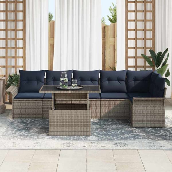 Trädgårdsoffset med kudde 7 pcs Grå Poly rattan