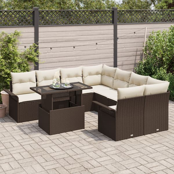 Trädgårdsoffset med kudde 9 pcs Brun Poly rattan