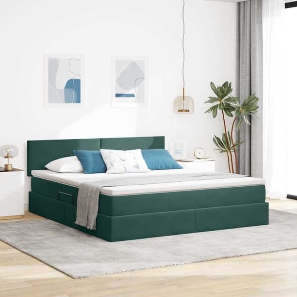 Förvaringssäng med madrass Mörkgrön 160 x 200 cm Sammet