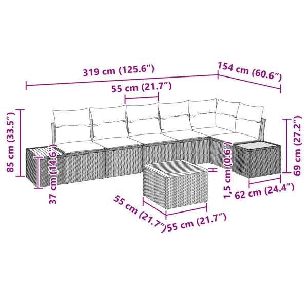Trädgårdsoffset med kudde 7 pcs Svart Poly rattan