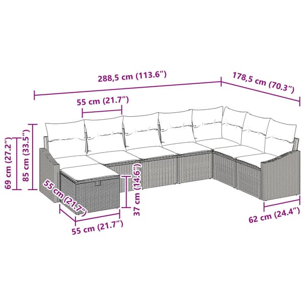 Trädgårdsoffset med kudde 8 pcs Grå Poly rattan