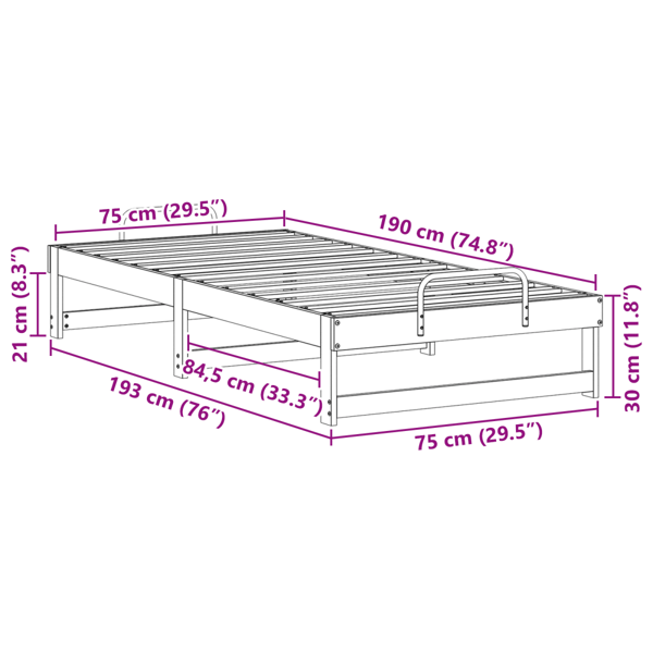 Sängram Vit 75 x 190 cm Massiv furu