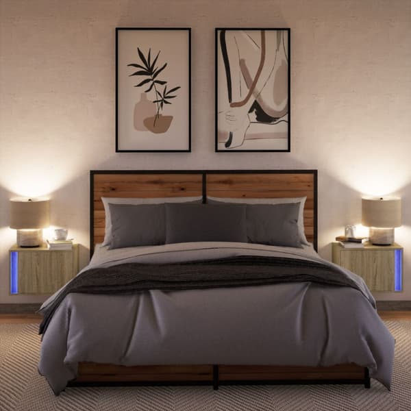 Väggmonterade sängbord med LED-lampor 2 st sonoma-ek
