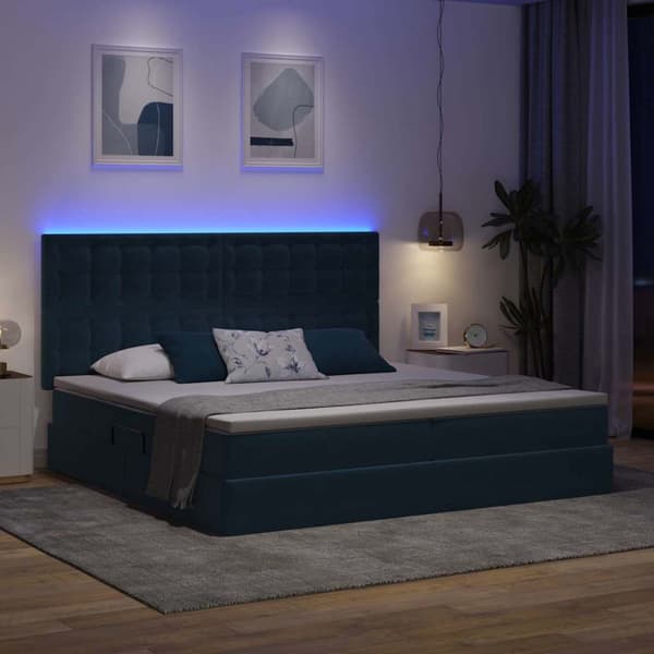 LED förvaringssäng med madrass Mörkblå 200 x 200 cm Sammet