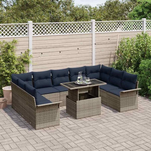 Trädgårdsoffset med kudde 10 pcs Grå Poly rattan