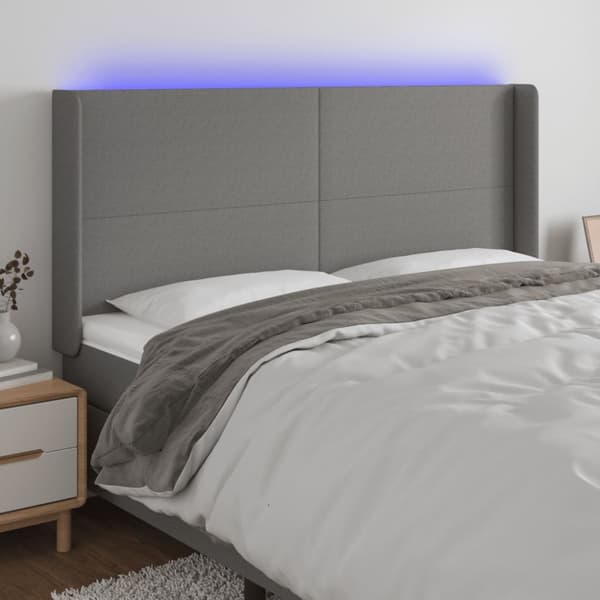 Sänggavel LED mörkgrå 163x16x118/128 cm tyg