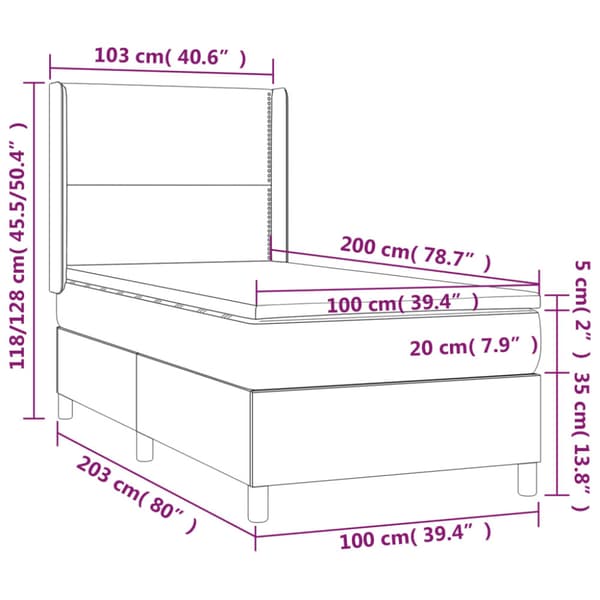 Ramsäng med madrass & LED mörkgrå 100x200 cm sammet