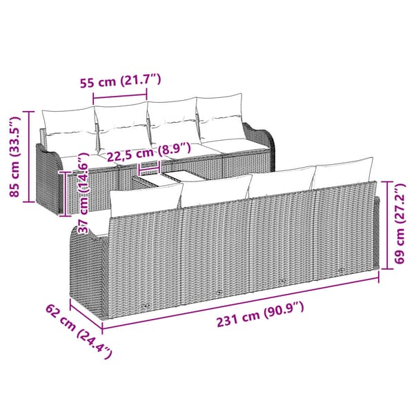 Trädgårdsoffset 9 pcs Grå Poly Rattan och Stål och Glas