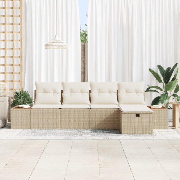 Trädgårdsoffset med kudde 5 pcs Beige Poly rattan