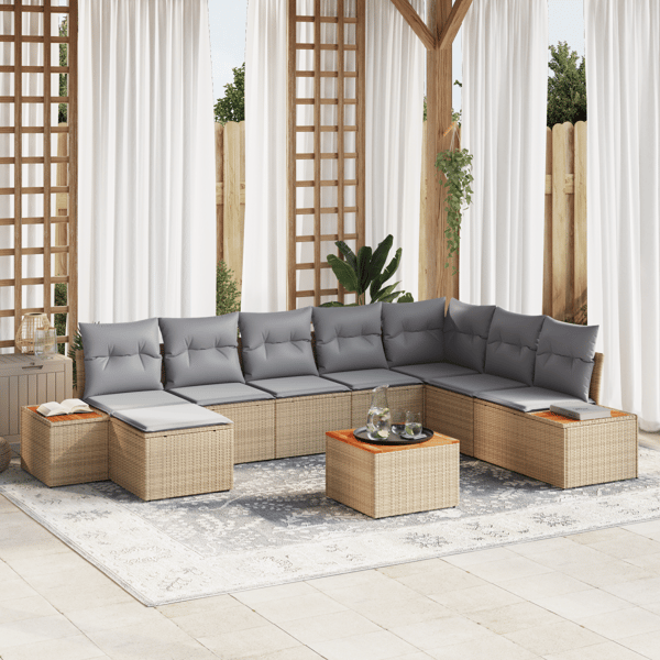 Trädgårdsoffset med kudde 9 pcs Beige och Ljusgrå Polyrattan