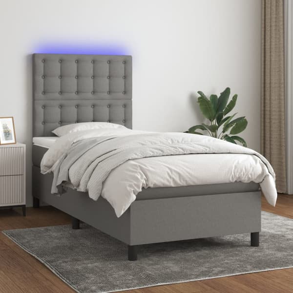 Ramsäng med madrass & LED mörkgrå 90x190 cm tyg