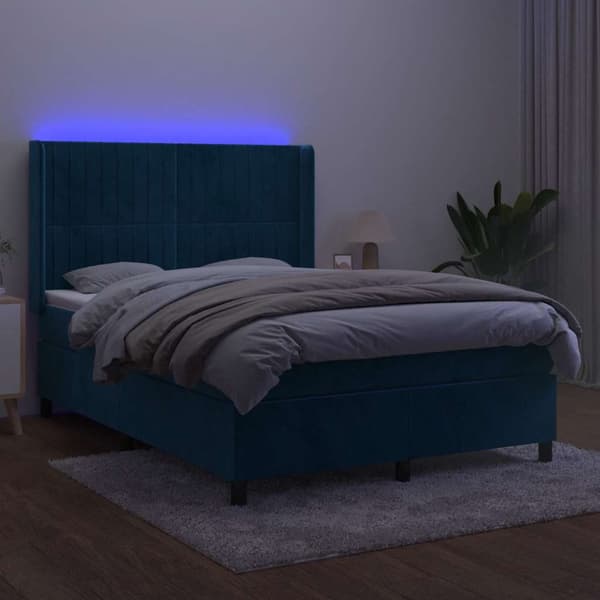 Ramsäng med madrass & LED mörkblå 140x190 cm sammet