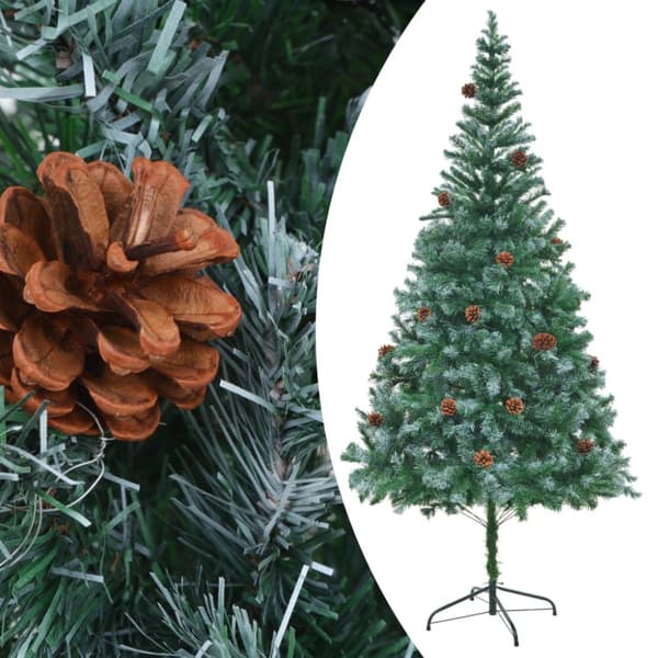 Belyst plastgran med kulor och kottar 210 cm