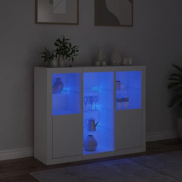 Skänkar med LED-belysning 3 st vit konstruerat trä