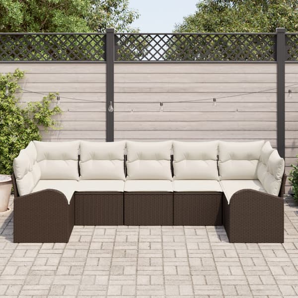 Trädgårdsoffset med kudde 7 pcs Brun Poly Rattan