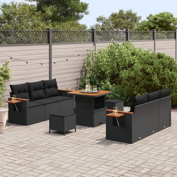 Trädgårdsoffset 9 pcs Svart Poly Rattan och Pulverlackerad Stål