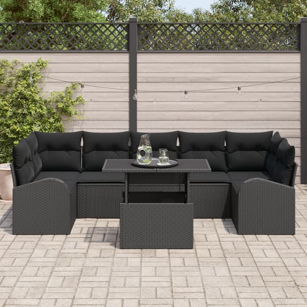 Trädgårdsoffset med kudde 8 pcs Svart Poly rattan