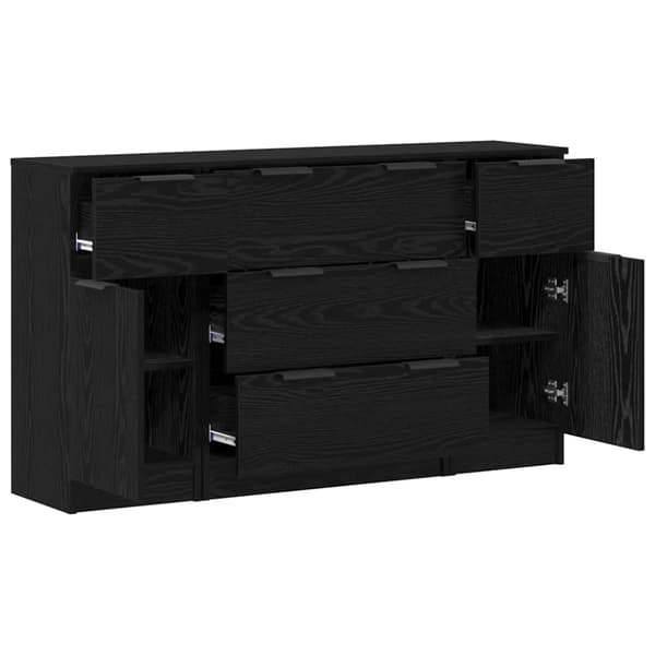Sideboard med låda 3 pcs Svart Ek Konstruerat trä