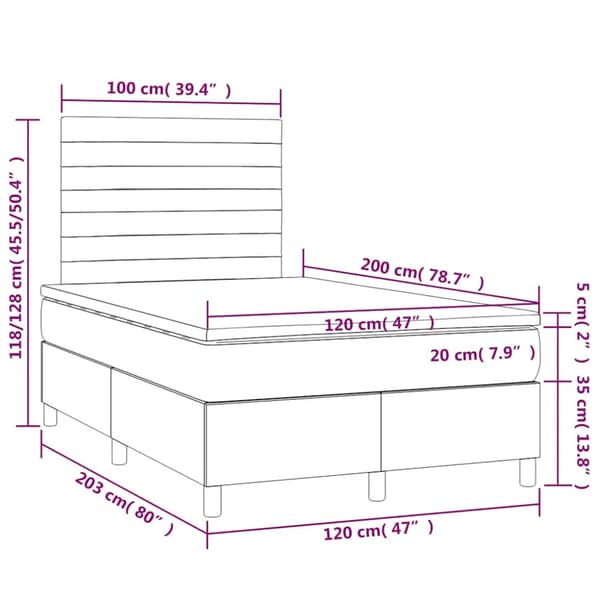Ramsäng med madrass & LED mörkblå 120x200 cm sammet