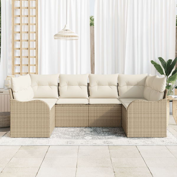 Trädgårdsoffset med kudde 6 pcs Beige och vit Poly rattan