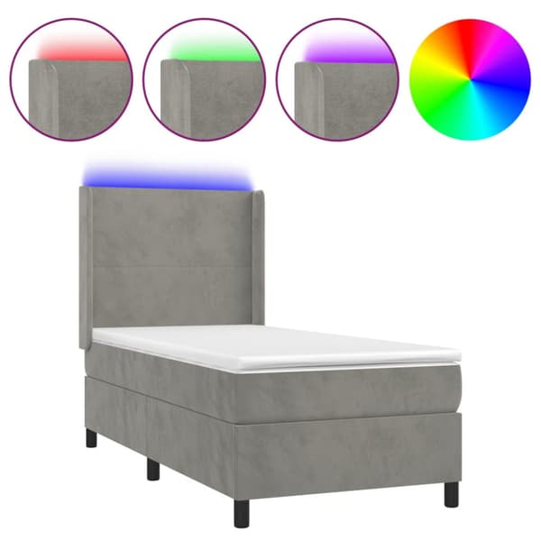 Ramsäng med madrass & LED ljusgrå 90x200 cm sammet