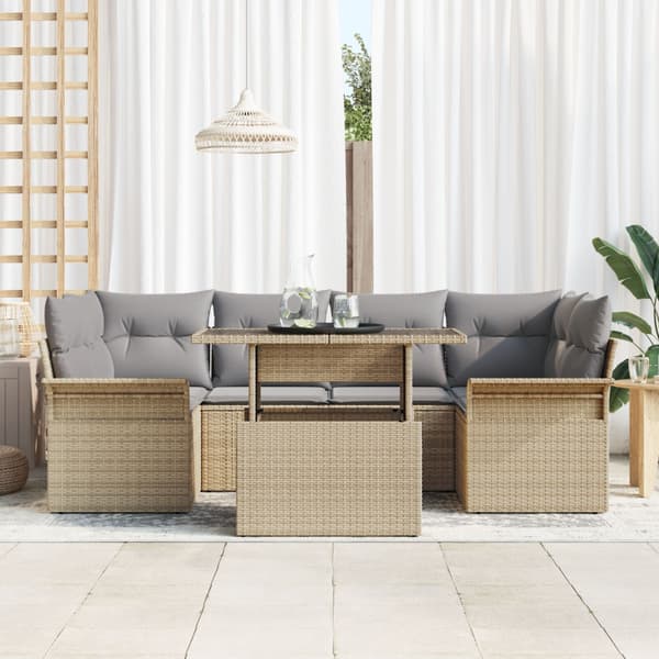 Trädgårdsoffset med kudde 7 pcs Beige Poly rattan