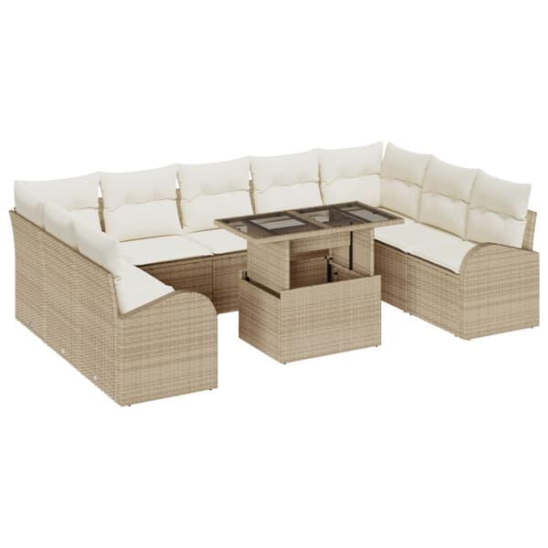 Trädgårdsoffset med kudde med lagring 10 pcs Beige Poly rattan